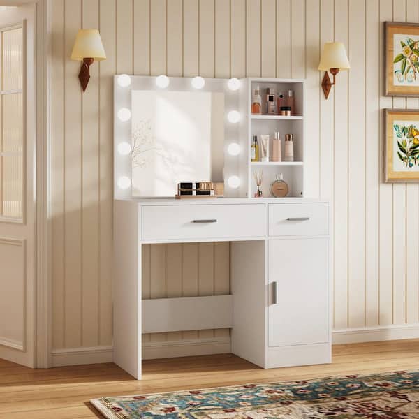 White 35.43 in.W Makeup Vanity Desk Wood Dressing Table with Mirrors, Drawers, Cabinets, Shelves, 3-Color LED Lighted