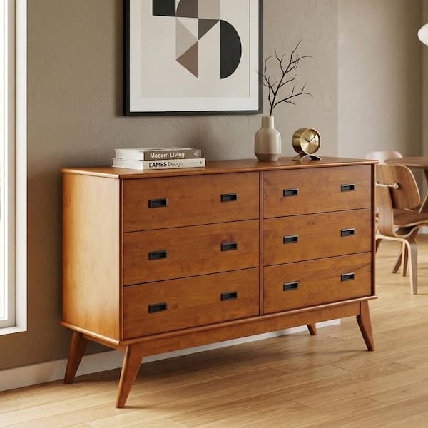 Simpli Home Draper Teak Brown 35 in. H 6-Drawer Dresser with Tapered Legs and Smooth Glide Drawers AXCDRP6DRS-TK-M