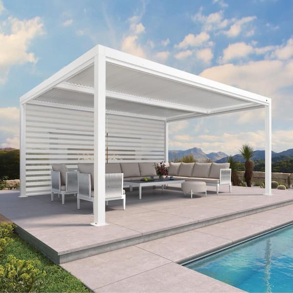 12 ft. x 16 ft. White Aluminum Frame Louvered Pergola with Adjustable Sunshade Roofs and 1-Long Side Roller Shades
