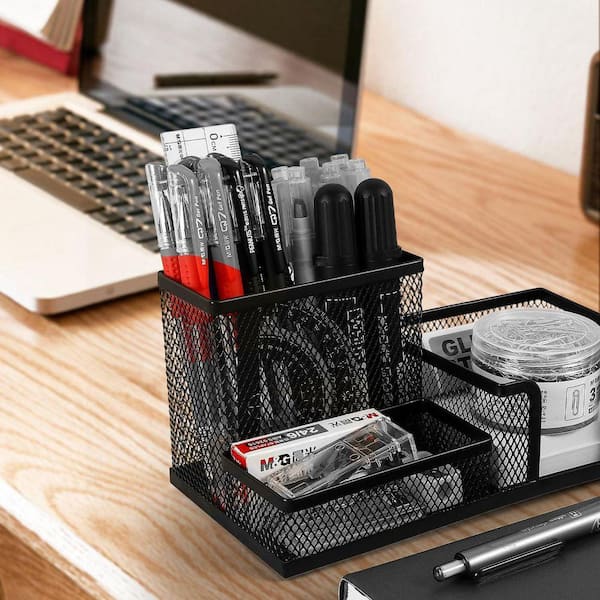 Black 8 in. x 11.22 in. Metal Mesh Pen Holder Desk Organizer with Sticky Notes Holder, 3-Compartments Office School Home