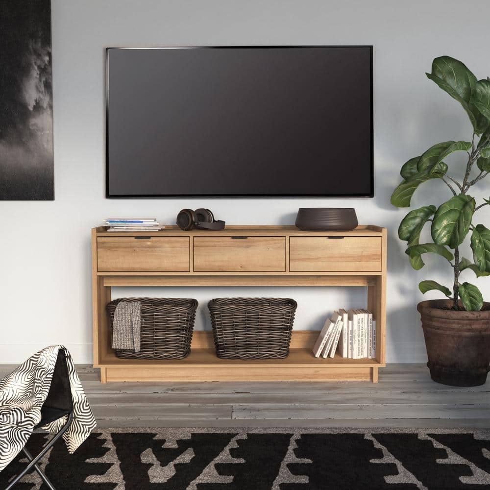 Natural Oak Modern Wood Console Table with Storage Drawers