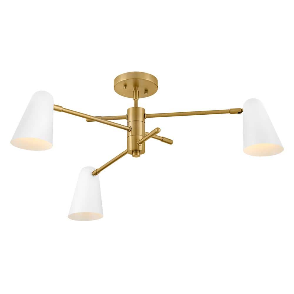 Lacquered Brass and White 30" 3-Light Chandelier