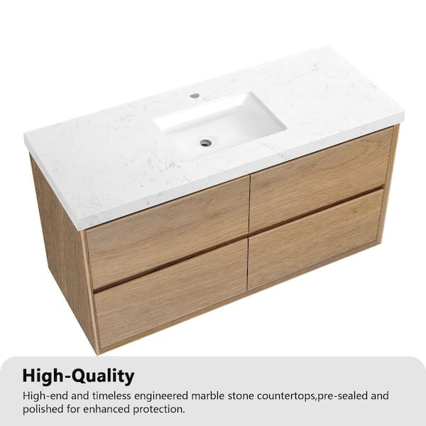 Solenne 48 in. Single Sink Floating Bath Vanity in Natural Oak with White Carrara Engineered Stone Top