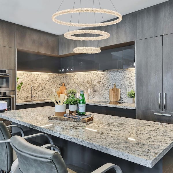 3-Light Modern Gold Ring Dimmable Integrated LED Chandelier Tiered Pendant Light with Crystal for Dining Room