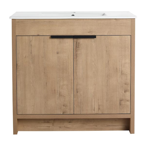 Unbranded High Quality 36 in. W x 18 in. D x 34 in. H Single Sink Freestanding Bath Vanity in Imitative Oak with White Ceramic Top