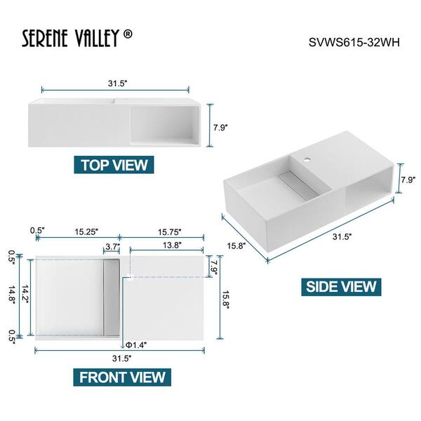 Serene Valley SVWS615-32WH 32 in. Wall-Mount or Countertop Bathroom Vanity with Flat Top and Storage Space Sink Finish: White