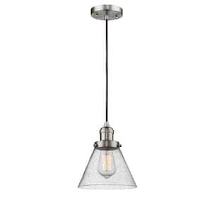 Cone 1-Light Brushed Satin Nickel Cone Pendant Light with Seedy Glass Shade