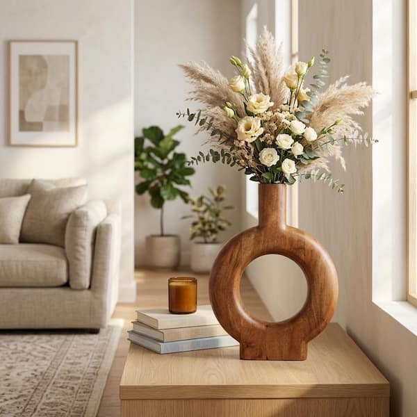 18 in. Brown Wood Round Decorative Vase