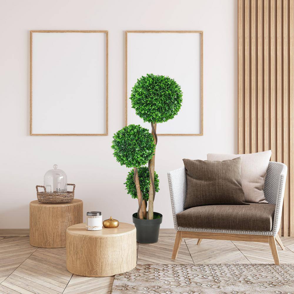 43.25" Green Plastic Boxwood Topiary Tree with Black Pot