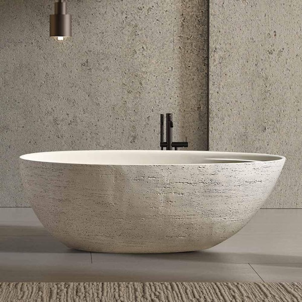 67 in. x 31 in. Engineered Stone Flatbottom Freestanding Soaking Bathtub with Travertine Texture in Off White (Linen)