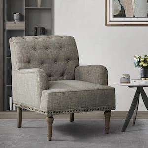 Leobarda Classic Traditional Grey Tufted Armchair with Nailhead Trim and Solid Wood Legs