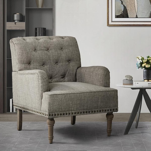 JAYDEN CREATION Leobarda Classic Traditional Grey Tufted Armchair with Nailhead Trim and Solid Wood Legs