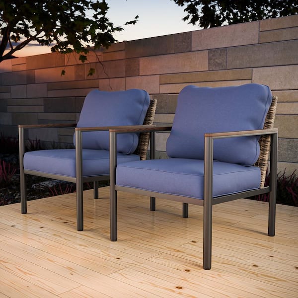 2-Piece Patio Wicker Outdoor Lounge Chair with Metal Frame and Blue Cushions