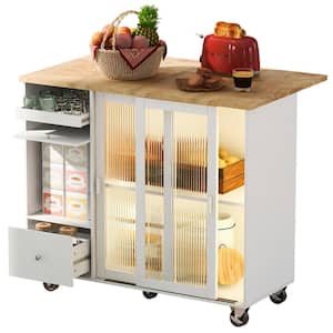 White Wood 44.1 in. Kitchen Island with Drop Leaf LED Light Cart on Wheels 2-Fluted Glass Doors 1-Flip Cabinet Door