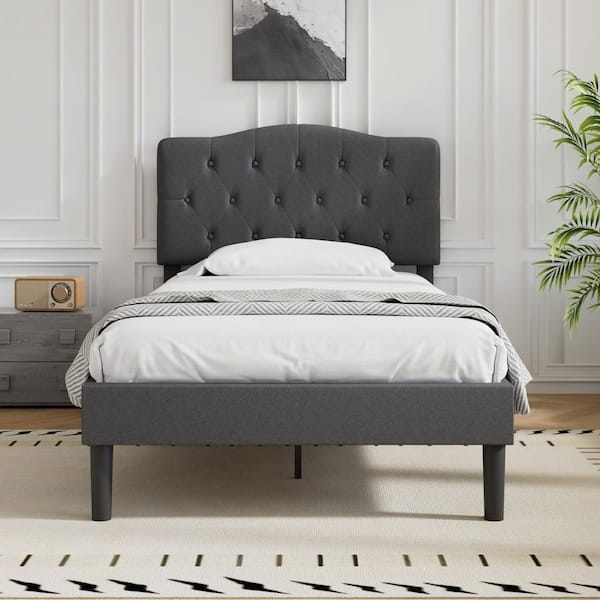 VECELO Upholstered Platform Bed with Button-Tufted Headboard Wood Slat Support Easy Assembly - Twin Dark Gray 41.73 in. W