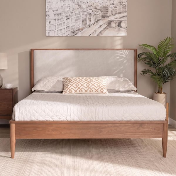 Brown Rubber Wood Frame Queen Size Platform Bed with Tapered Legs, Boucle Upholstered Headboard