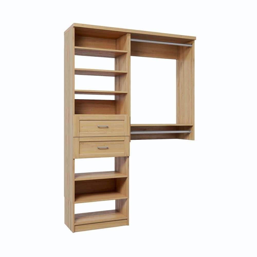 57 in. W Natural Oak Reach-in Floor-Mount 2-Rod 2-Shaker-Drawers 7-Shelf Wood Closet System
