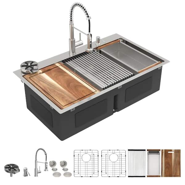 36 in. Drop-In Double Bowl Kitchen Sink Workstation 50/50 Split T304 Stainless Steel with Faucet Combo & Cup Washer