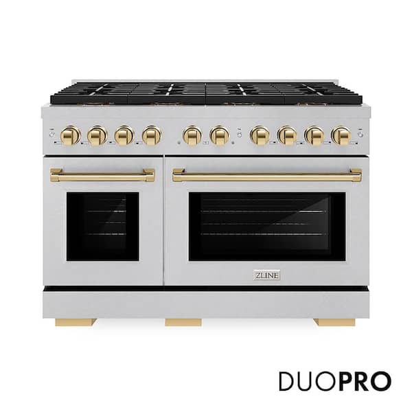 Autograph 48 in. 6.7 cu. ft. Paramount Gas Range with 8-Burner DuoPro Cooktop and Dual Ovens in Satin Stainless and Gold