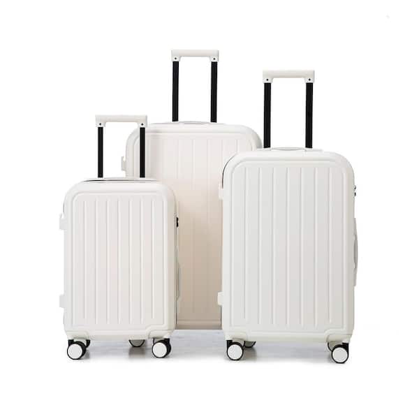 3-Piece White ABS Hardside Spinner Luggage Set with Cup Holder and USB Port (20/24/28)