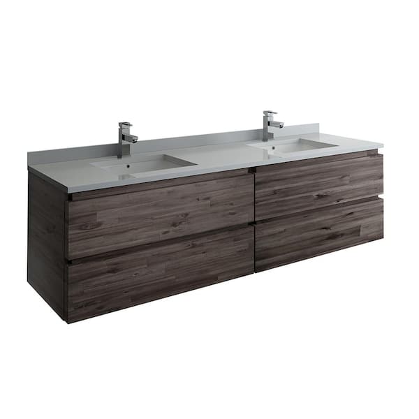 Fresca Formosa 72 in. Modern Double Wall Hung Vanity in Warm Gray with Quartz Stone Vanity Top in White with White Basins