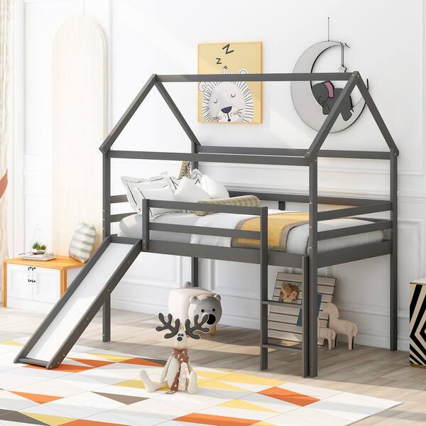 Multiple Finishes Harper&Bright Designs Wood Twin Loft Bed with Slide Multiple Finishes Harper&Bright Designs Wood Twin Loft Bed with Slide