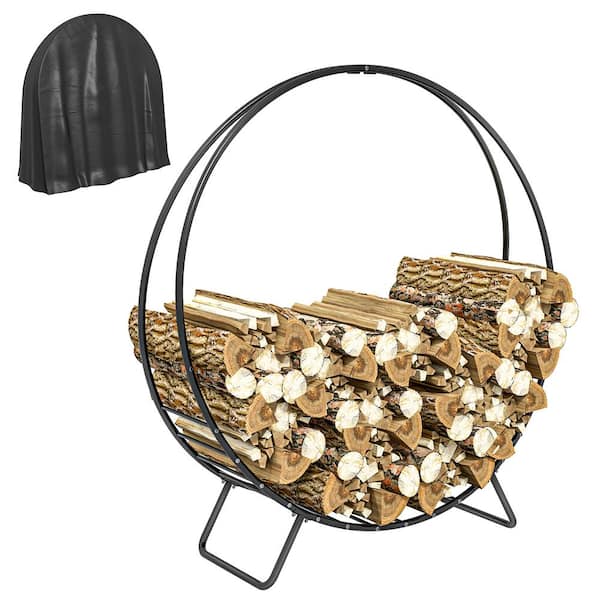 48 in. Outdoor Metal Firewood Rack with Zipper Cover, Waterproof Firewood Log Rack, Heavy Duty Wood Storage Hoop