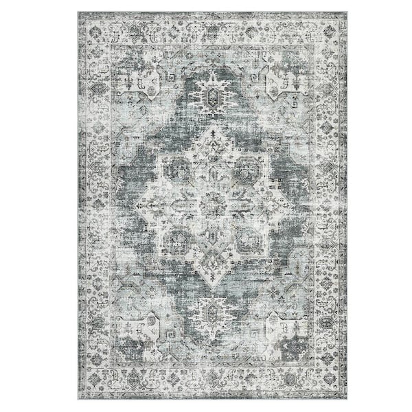 Garvee Ultra-Thin Washable Vintage Floral Rug Soft Non-Slip for Bedroom Living Room Office Green 8 ft. x 10 ft. Area Rug