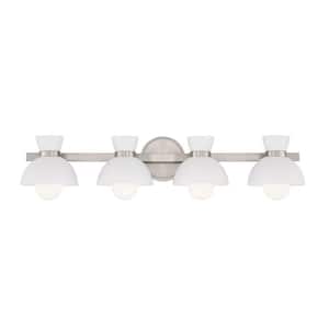 Meridian 33.50 in. 4-Light Brushed Nickel Vanity Light with White Metal Shades