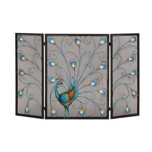 Black Metal 48 in. W Foldable Mesh Netting 3 Panel Peacock Fireplace Screen with Crystal Accents