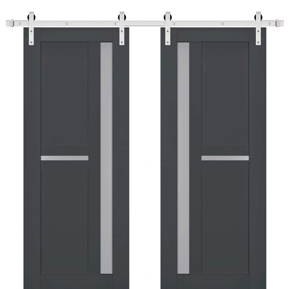 Assemble Required 28 in. x 96 in. 2-Panel Frosted Glass Antracite Solid Wood Sliding Barn Door with Hardware Kit price history on PriceWatchPro
