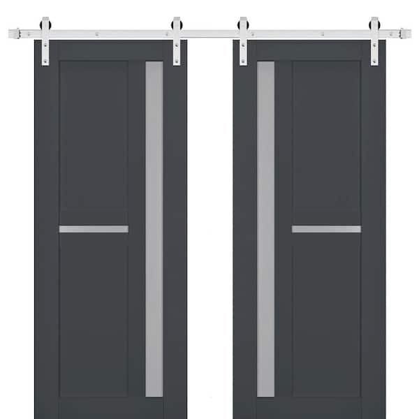 42 in. x 96 in. 2 Panel Frosted Glass Antracite Solid Wood Sliding Barn Door with Hardware Kit
