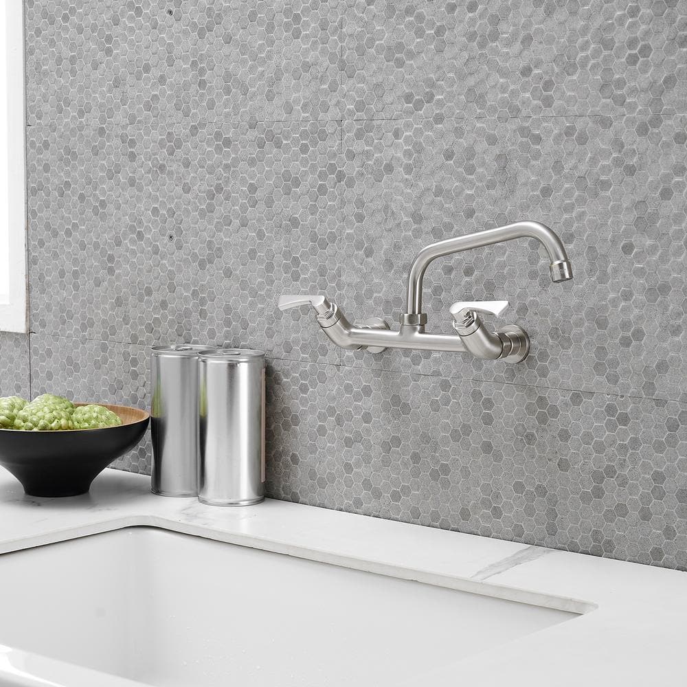 Brushed Nickel Wall Mount Double Handle Kitchen Faucet