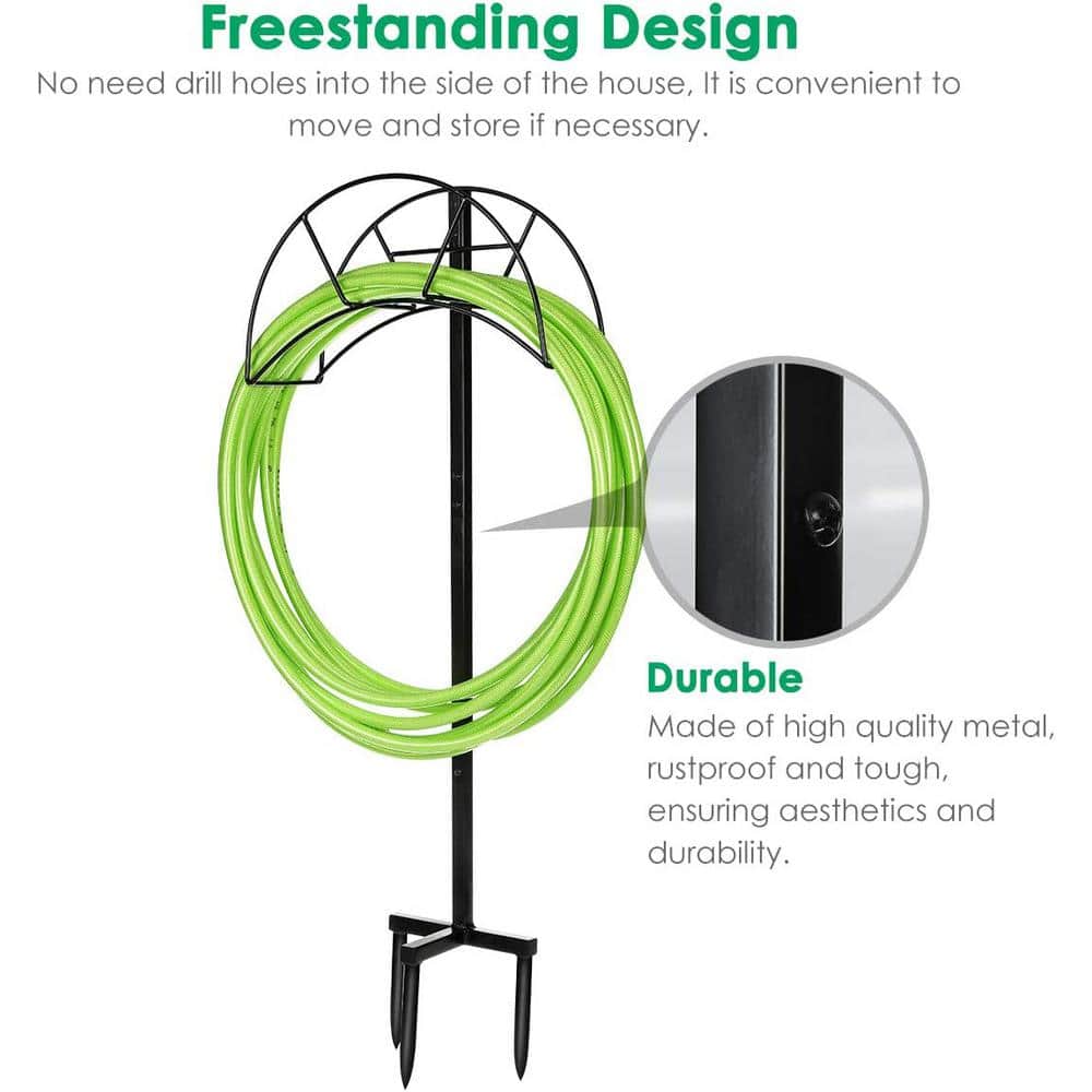 Black Metal Freestanding Garden Hose Holder with Manual Crank