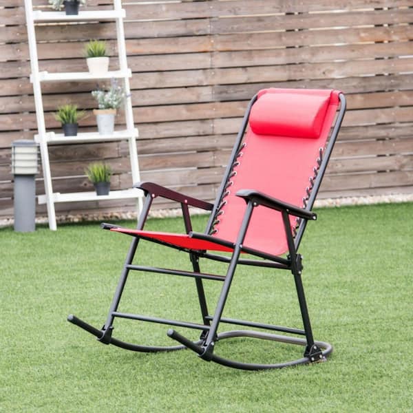1-Piece Red Headrest Folding Zero Gravity Metal Outdoor Rocking Chair Patio Chair