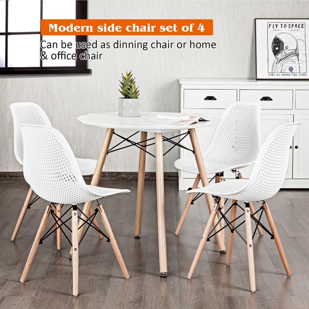 White Plastic Hollow Out Side Chair with Wood Legs, Set of 4