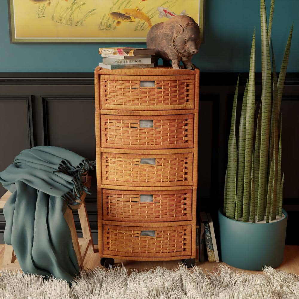 Honey Brown Woven Fiber 5-Drawer Storage Chest with Casters