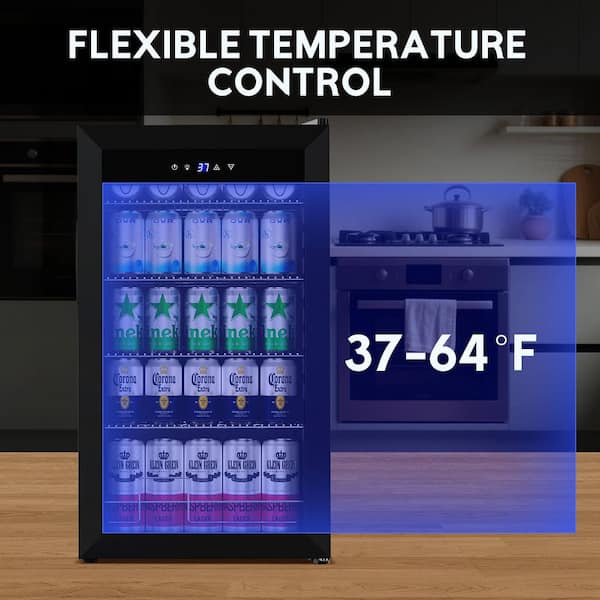 17.5 in 145 Cans Single Zone Beverage Cooler Freestanding in Black Stainless Steel Adjustable Storage Space Beer Fridge