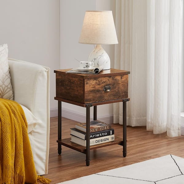 VECELO Rectangle Vintage Nightstand，13.8"W End/Side Table with Storage Drawer, 23.6"H Stable Frame, Brown，15.7"L Sofa Table