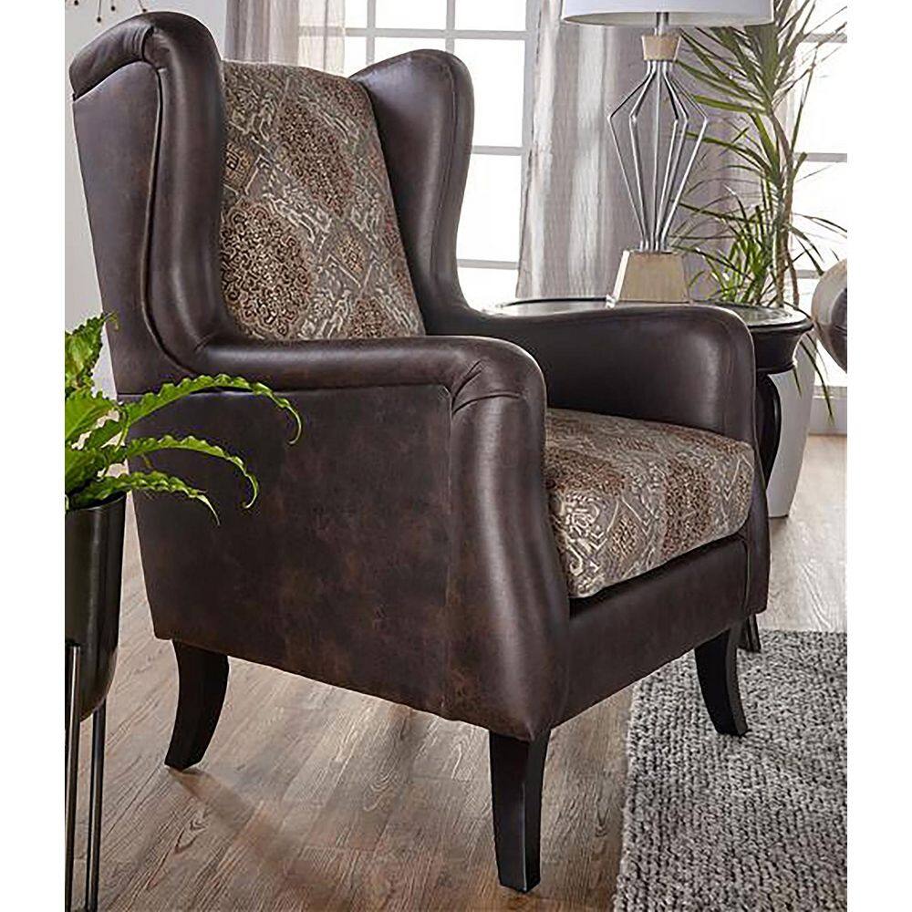 Brown Faux Leather Wingback Accent Chair with Jacquard Pattern