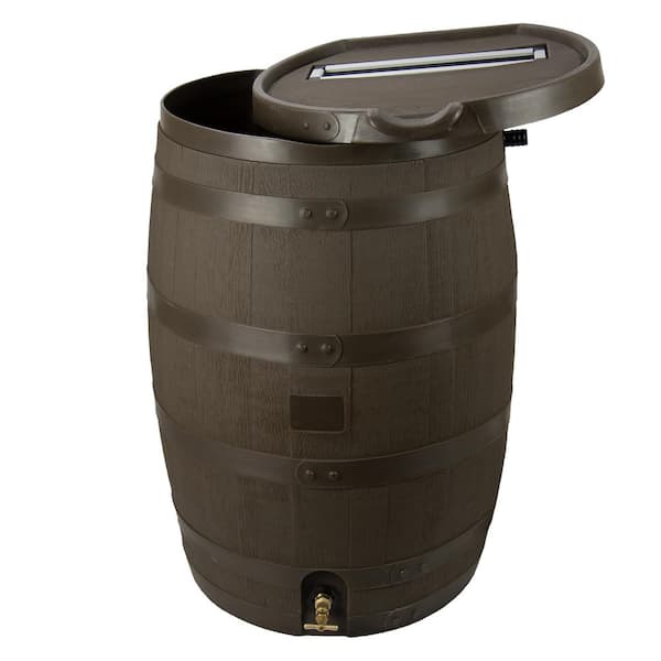 RTS Home Accents 55 Gal. Barrel Premium Flat Back Rain with Removable Lid, Walnut Color