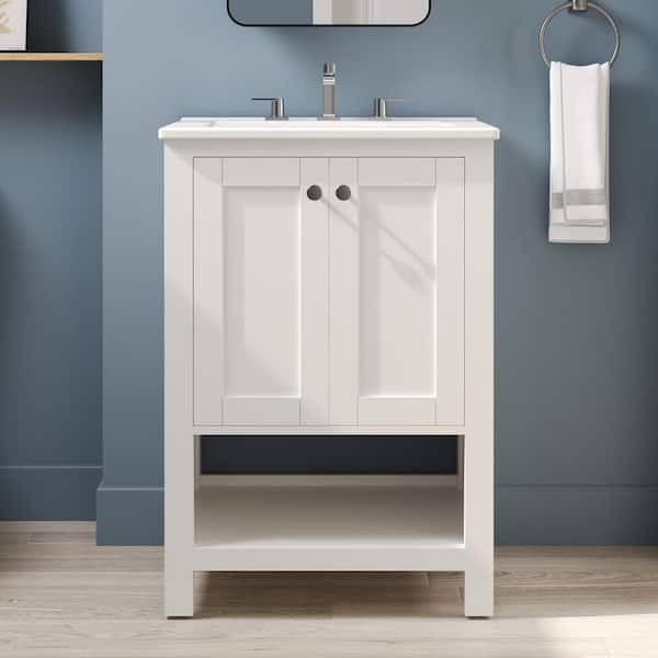 24 in. Single Sink Freestanding White Wood Bath Vanity with White Ceramic Top, Without Basket