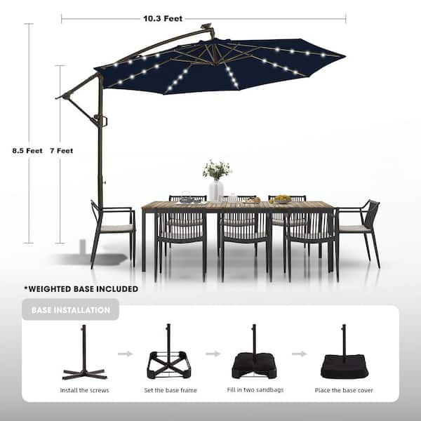Wikiwiki 10FT Solar Patio Offset Umbrella With Base - Cantilever Hanging Umbrella With LED Lights & Weighted Sandbag Base