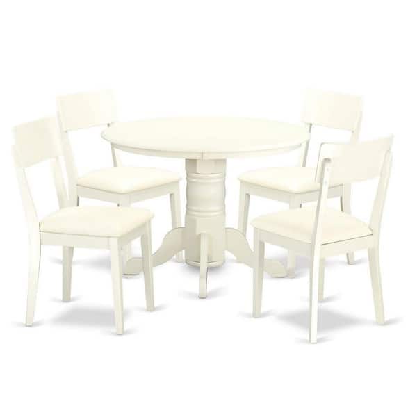 East West Furniture 5-Piece Round Linen White Finish Solid Wood Top Dining Table with 4 Chairs with Lattice Back
