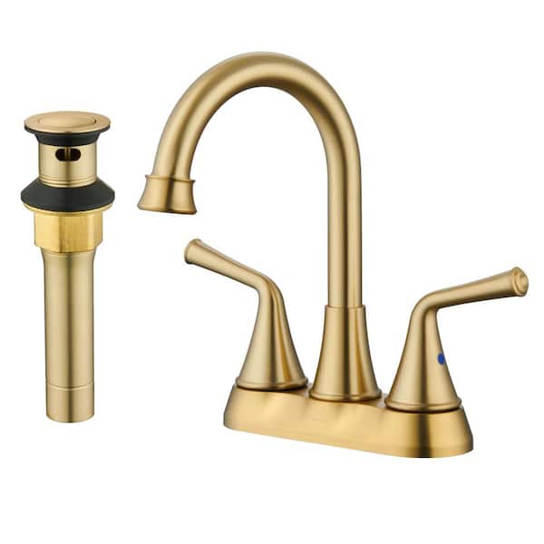 CASAINC 4 in. Centerset Double Handle Bathroom Sink Faucet with 360° Swivel Spout, Stainless Steel Pop-up Drain in Brushed Gold