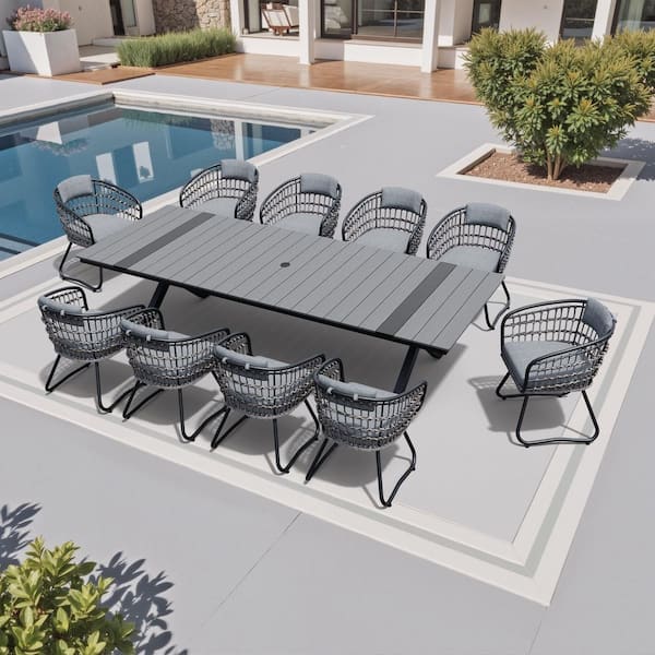 11-Piece Aluminum 118 in. Outdoor Dining Set with Rattan Chairs and Gray Cushions