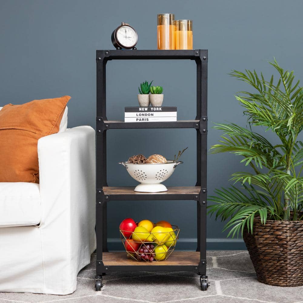 Brown Wood and Black Metal 4-Tier Rolling Utility Cart