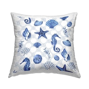 Nautical Sea Life Boat Rope Pattern Blue Square Outdoor Throw Pillow