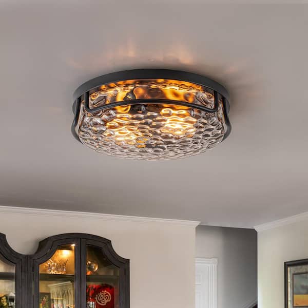11.8 in. 2-Light Round Matte Black Flush Mount Ceiling Light with Rippled Glass for Kitchen Foyer Dinning Room