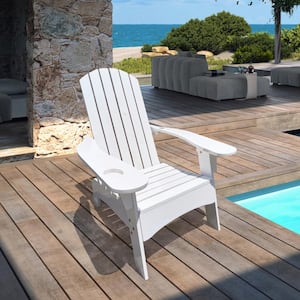 White 1-Set Modern Outdoor Classic Traditional Patio Adirondack Wood Chair with Hole to Hold Umbrella on The Arm